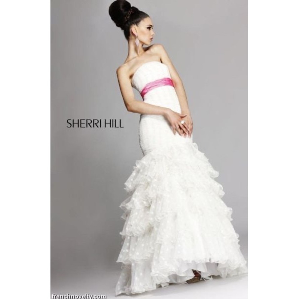 Sherri Hill Strapless Mermaid Gown Polka Dot Tulle Tiered Dress Pink Sash 8 - Picture 2 of 13